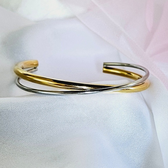 Silver & Gold Two Tone Twisted Open Wrap Cuff Bracelet - Picture 8 of 9